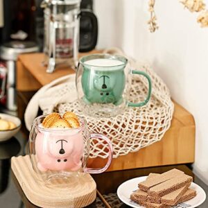 Cute Bear Mugs Set of 2 Cute Bear Tea Cup 8.5 oz Double Wall Glass Milk Coffee Bear Mug with Handle Insulated Espresso Beer Cup Cute Birthday Gifts for Women Men (2 Pack, Pink Lake Green)