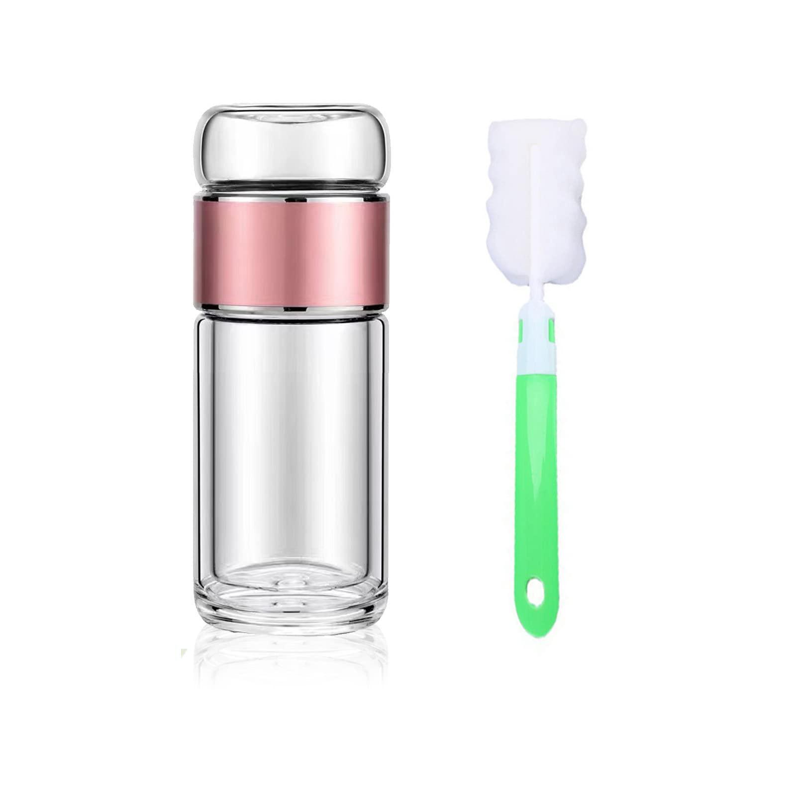 Snminetal Double Wall Glass Tea Bottle - Bubble Flower Tea Drinking Water Bottle - With Filter And Small Tea Cup,Suitable For Work Office, Car, Home,As a Gift,Etc Portable Water Bottle14oz (Pink)