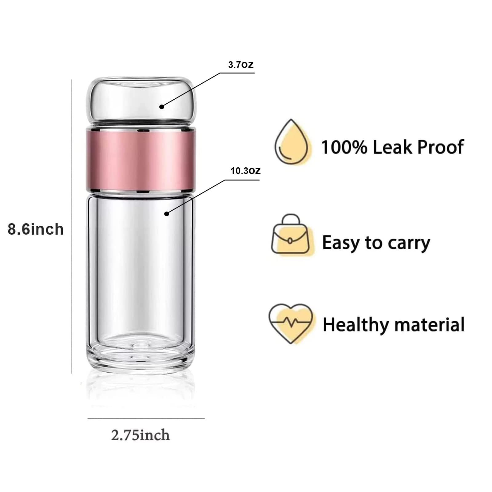 Snminetal Double Wall Glass Tea Bottle - Bubble Flower Tea Drinking Water Bottle - With Filter And Small Tea Cup,Suitable For Work Office, Car, Home,As a Gift,Etc Portable Water Bottle14oz (Pink)