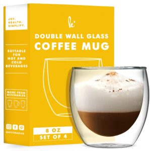 kitchables double wall glass coffee mugs set of 4, 8oz - insulated clear glass coffee mugs for cappuccino, latte, tea, espresso - latte cup - tazas para cafe