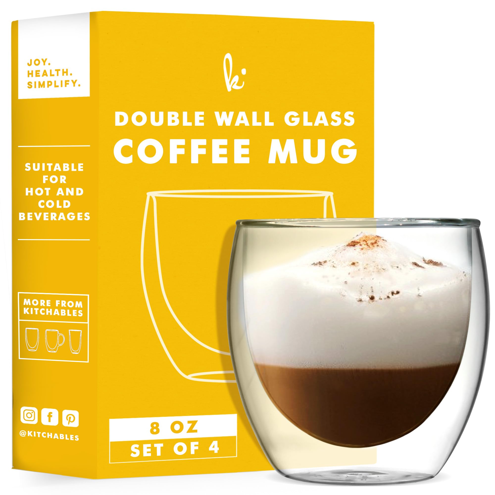 Kitchables Double Wall Glass Coffee Mugs Set of 4, 8oz - Insulated Clear Glass Coffee Mugs for Cappuccino, Latte, Tea, Espresso - Latte Cup - Tazas Para Cafe