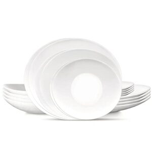 bormioli rocco prometeo 18 piece dinnerware, sets for 6, tempered opal glass, clean white, curved design with external textures, dishwasher & microwave safe.