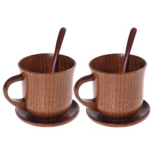 txin 2 sets wooden mugs vintage teacups coffee espresso cups handmade wood drinking cups with 2 saucer and 2 spoon for coffee tea beer water juice milk, 13.5oz/ 400ml
