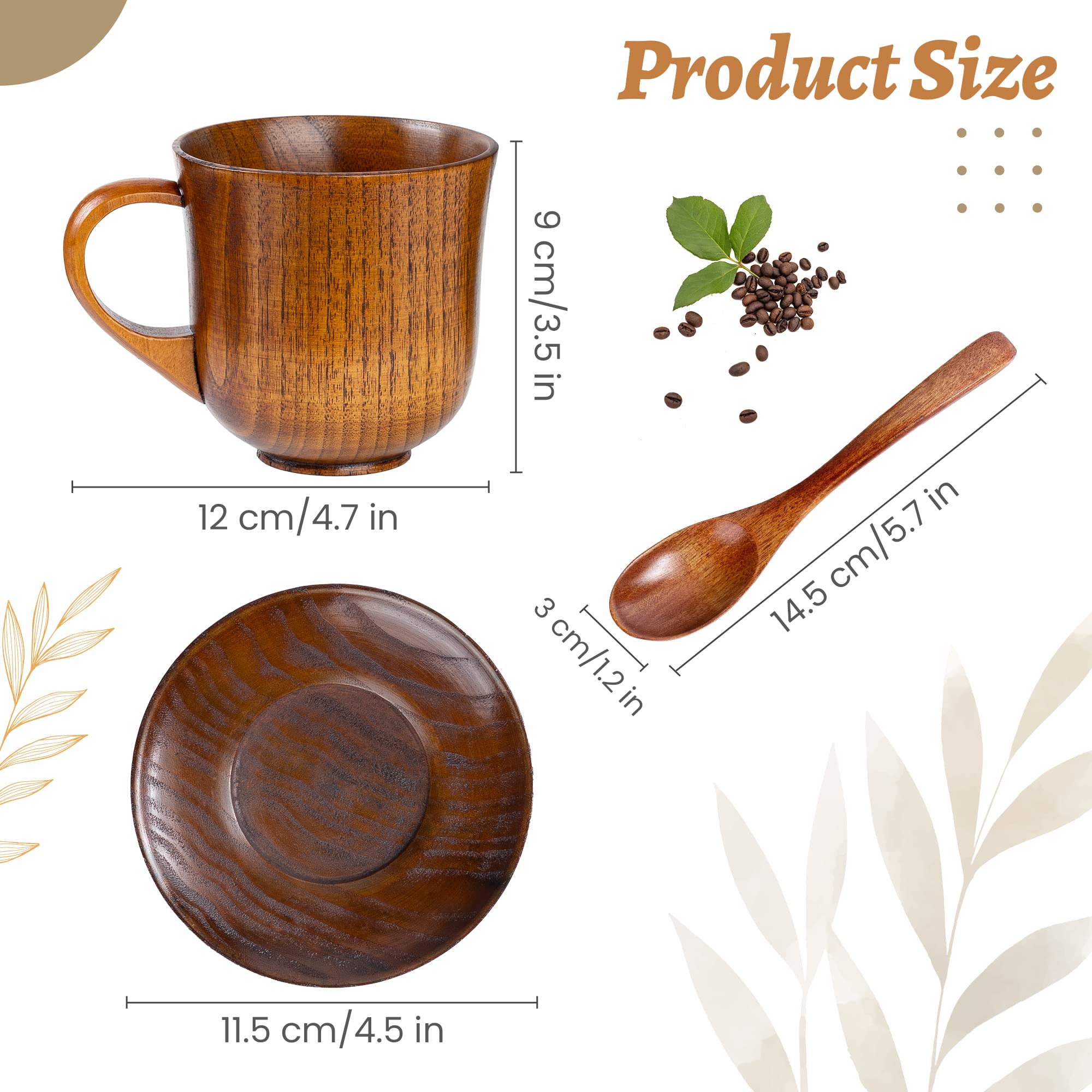 TXIN 2 Sets Wooden Mugs Vintage Teacups Coffee Espresso Cups Handmade Wood Drinking Cups with 2 Saucer and 2 Spoon for Coffee Tea Beer Water Juice Milk, 13.5oz/ 400ml