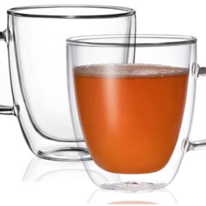 BothEarn Glass Coffee Mug Set of 2 - Double Wall Clear Espresso Cup with Large Handle, Great for Latte, Cappuccino and Juice, 19 Ounce (560 ml), BE026