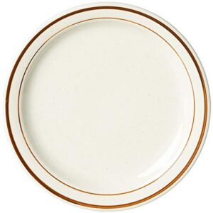 CAC China AZ-16 Arizona 10-1/2-Inch Brown Rim Brown Speckled American White Stoneware Round Plate, Box of 12