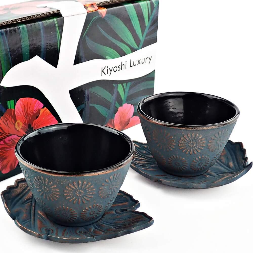 KIYOSHI Luxury 4pc Japanese Tea Cups Set. Black and Silver Cast Iron Tea Cup Set, 2 Tea Cups and Saucers. 4oz Teacup Set For Any Japanese Tea Set or Teapot.