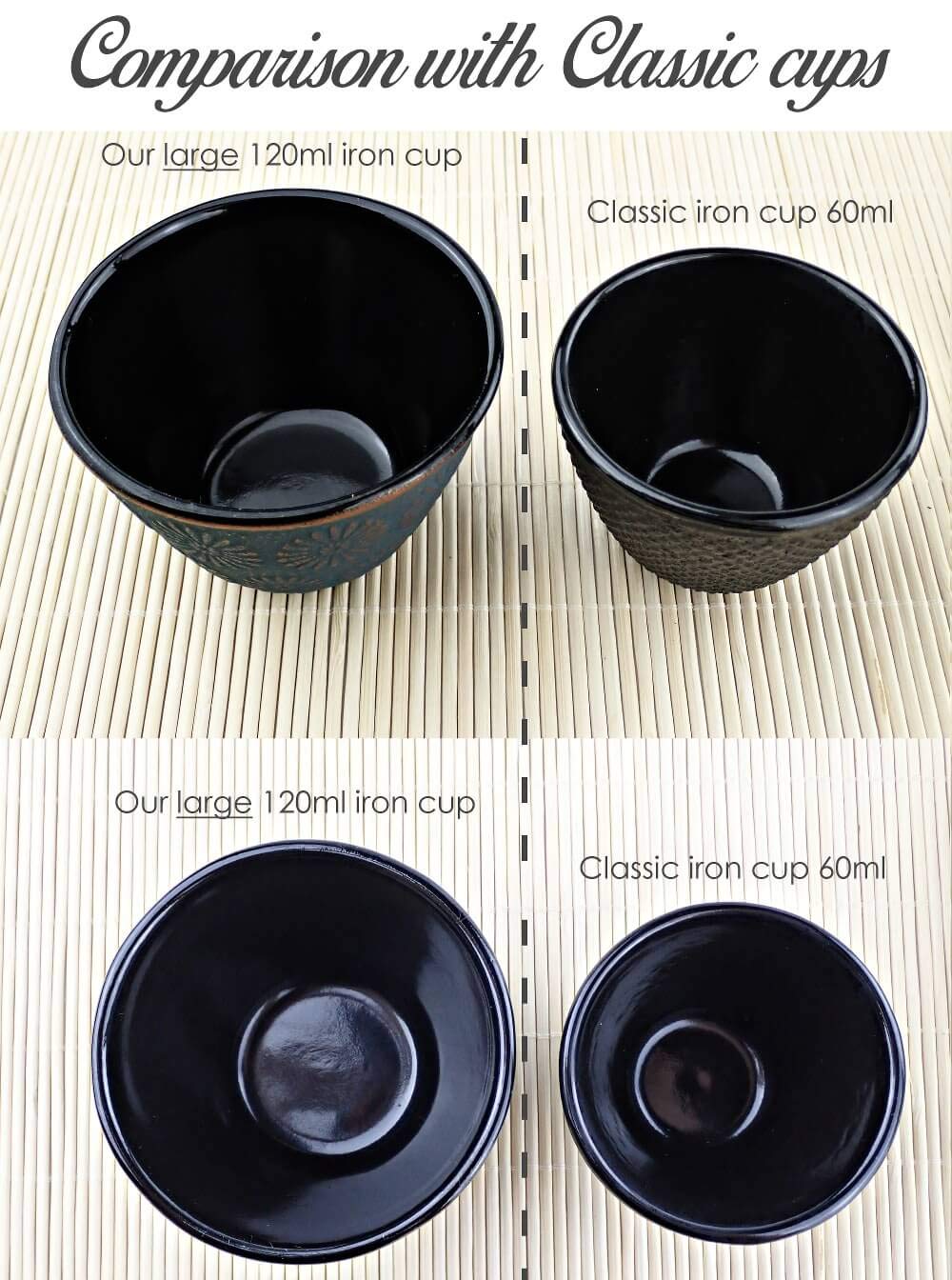 KIYOSHI Luxury 4pc Japanese Tea Cups Set. Black and Silver Cast Iron Tea Cup Set, 2 Tea Cups and Saucers. 4oz Teacup Set For Any Japanese Tea Set or Teapot.