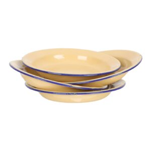 yardwe enamel plate, 4pcs enamelware dinner plate serving platter tray, retro yellow round shallow bowls with blue rim for pasta, salad- durable and reusable