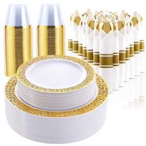 350 piece dinnerware set for wedding & party,50 guest lace design plastic plates,50 plastic silverware,50 cups,50 linen like napkins,50 guest disposable dinnerware set (gold)