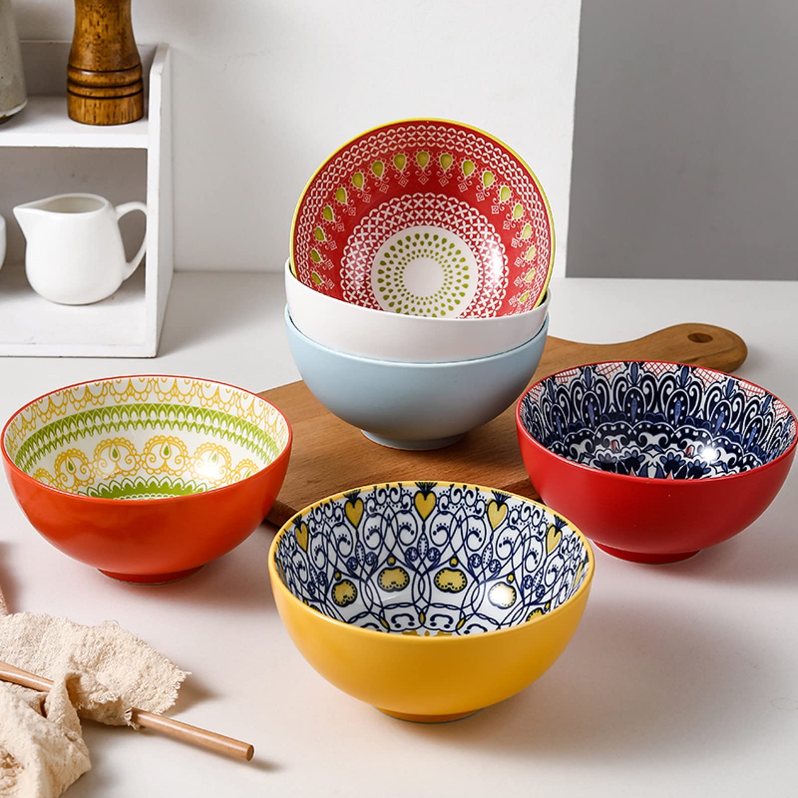 Ceramic Soup Bowls, Cereal Bowls Set of 6, 22 oz Bowls for Kitchen, Colorful Bowls for Cereal Soup Salad Pasta Rice Oatmeal Dessert, Dishwasher & Microwave Safe, Bowl Set for kitchen, Ceramic Bowls