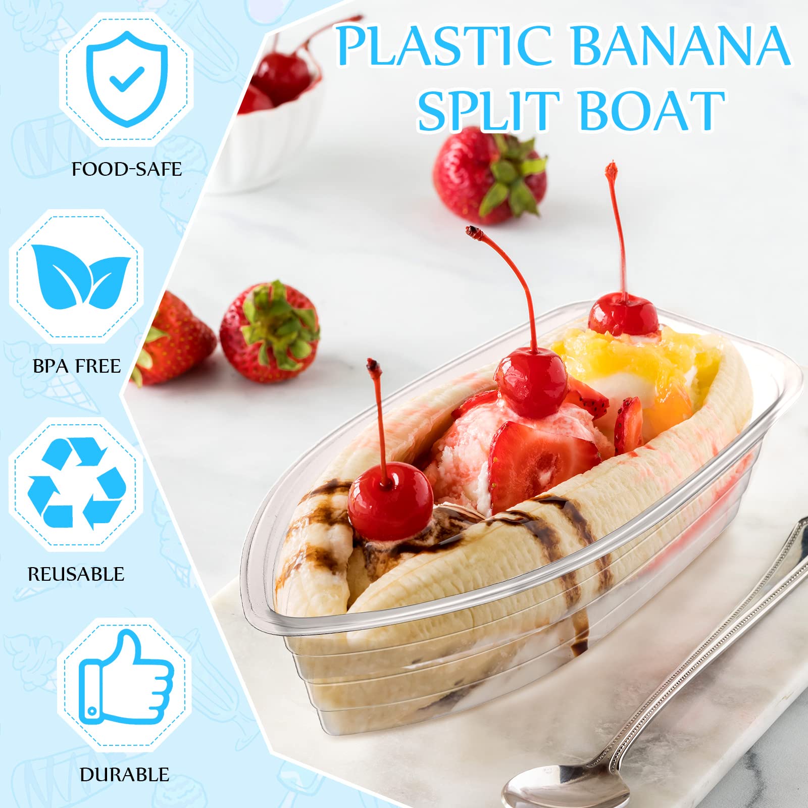 Meanplan 100 Sets Banana Split Boats 100pc 12 oz Ice Cream Sundae Bowls with 100 Wooden Spoons Disposable Clear Plastic Banana Split Bowls Dessert Splits Bowl Tray for Dessert Kids Birthday Party Dish