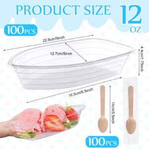 Meanplan 100 Sets Banana Split Boats 100pc 12 oz Ice Cream Sundae Bowls with 100 Wooden Spoons Disposable Clear Plastic Banana Split Bowls Dessert Splits Bowl Tray for Dessert Kids Birthday Party Dish