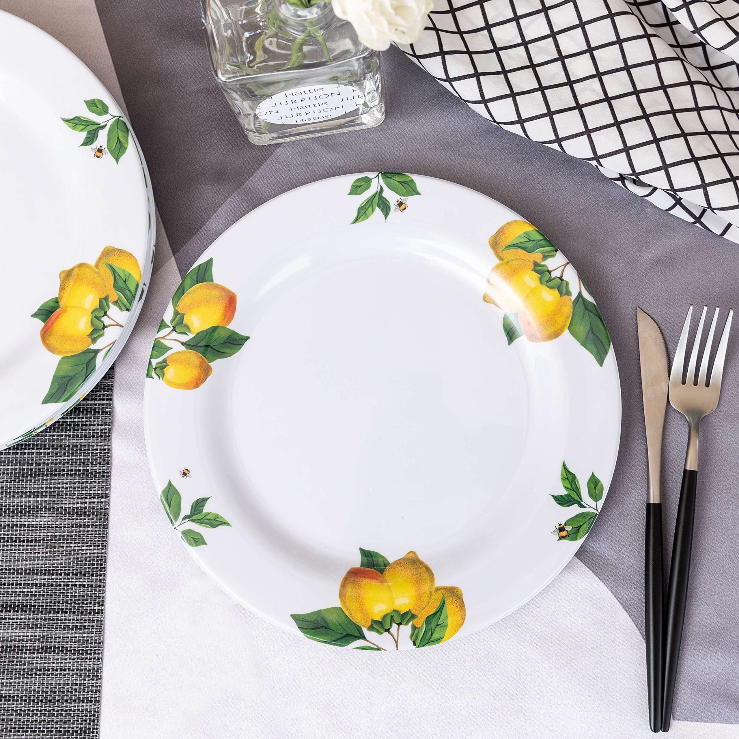 Lemon Dinner Plates, 6pcs Melamine Dishes Set, Indoor and Outdoor use, 10inch, White