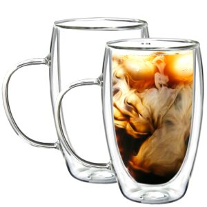 youngever 2 pack glass coffee cups, double wall thermo insulated coffee cups, glass coffee mugs (15 ounce)