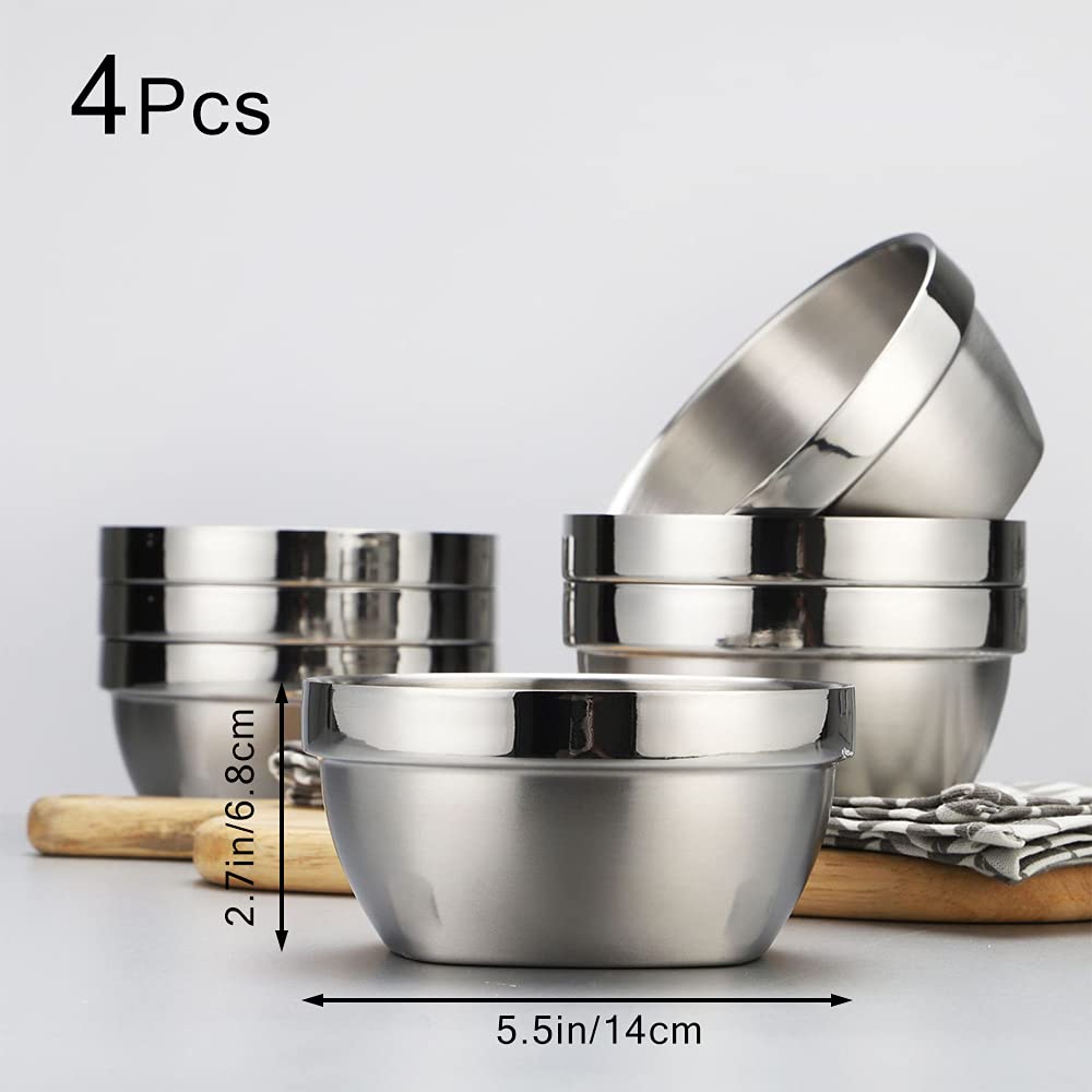 NA 16oz Stainless Steel Double Walled Bowls, Serving Bowls, Salad Bowls, Cereal Bowl, Square Bottom, Unbreakable for Rice, Soup, Snack, Ice Cream, Set of 4