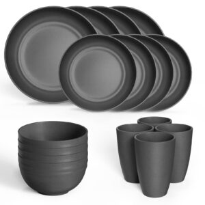 hanmfei plastic dinnerware set for 4,plastic plates and bowls sets,unbreakable dinnerware for kitchen, camping, rv black