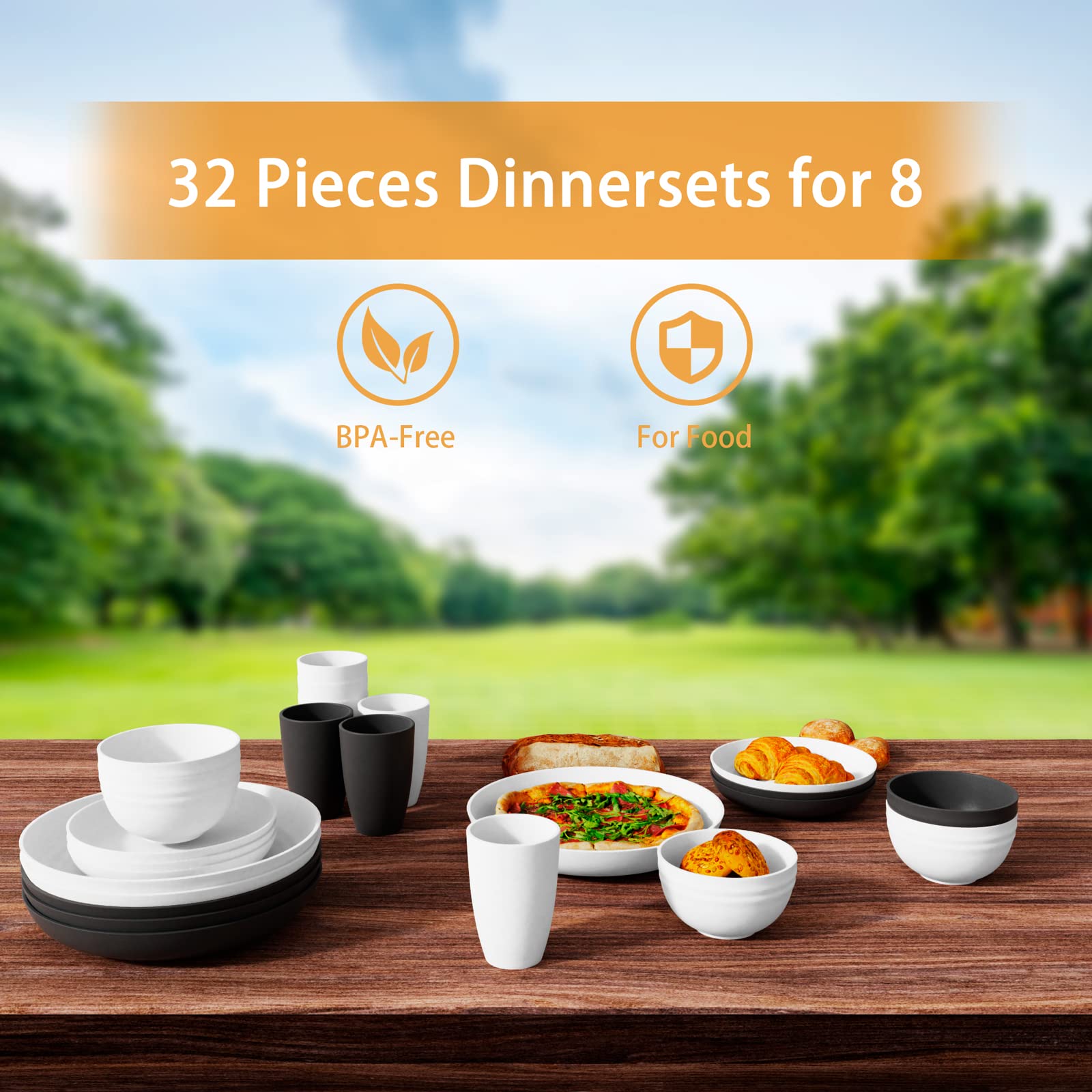 Hanmfei Plastic Dinnerware Set for 4,Plastic Plates and Bowls Sets,Unbreakable Dinnerware For Kitchen, Camping, Rv Black