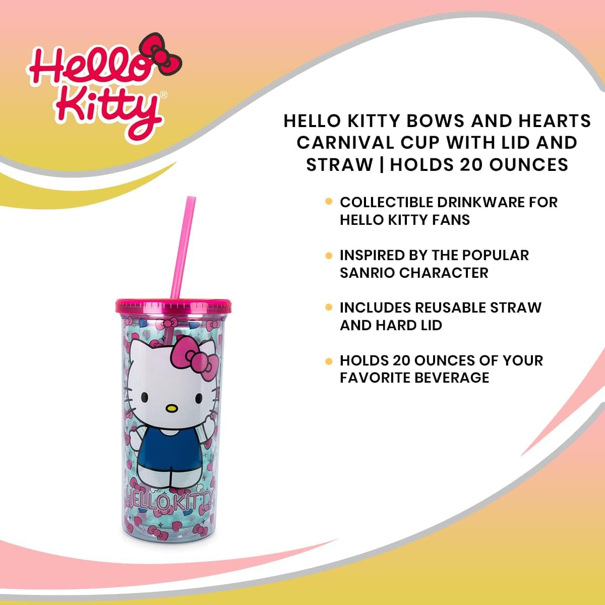 Hello Kitty Bows and Hearts Carnival Cup with Lid and Straw | Holds 20 Ounces