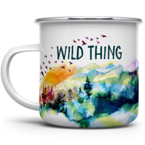 wild thing enamel campfire mug, outdoor adventure enthusiast camping coffee cup, wanderlust mountain nature hiking camp lover gift (12oz)