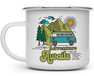 adventure awaits retro camper coffee mug, nature wanderlust van life campfire cup, mountain hiking camping lover gift (16oz)