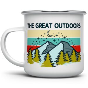 the great outdoors enamel campfire coffee mug, mountain hiking adventure camp cup, wildlife nature camping lover gift (12oz)