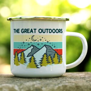 The Great Outdoors Enamel Campfire Coffee Mug, Mountain Hiking Adventure Camp Cup, Wildlife Nature Camping Lover Gift (12oz)