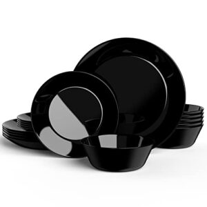 black dinnerware set, homeelves 18-pcs kitchen opal dishes set service for 6, lightweight glass plates and bowls set, break and chip resistant, microwave & dishwasher safe, round