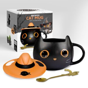 brewish cat mug for kitty lovers | cute cup with a witch hat lid & an adorable spoon | ceramic coffee & tea mugs | gift for cat mom, dad, women, kids | 12 oz, black