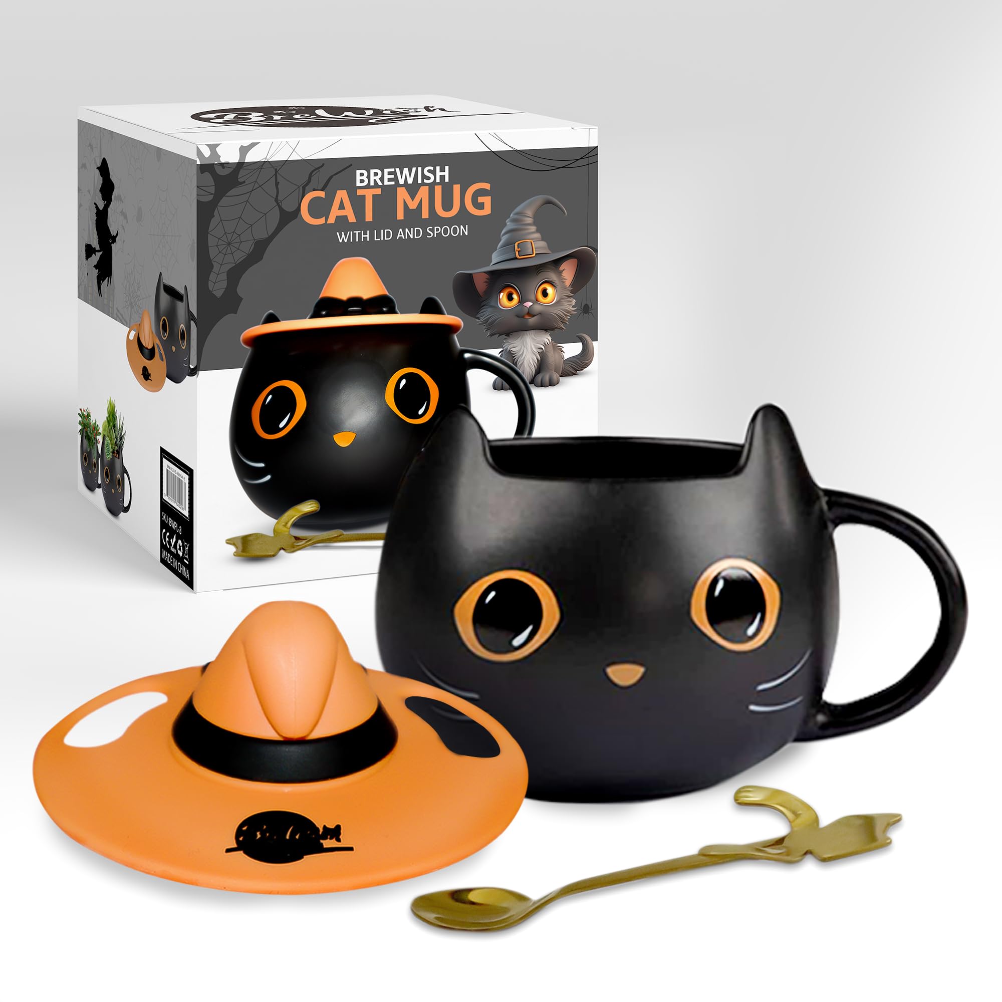 Brewish Cat Mug for Kitty Lovers | Cute Cup with a Witch Hat Lid & an Adorable Spoon | Ceramic Coffee & Tea Mugs | Gift for Cat Mom, Dad, Women, Kids | 12 oz, Black