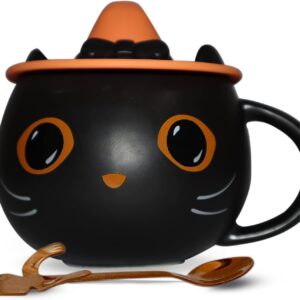 Brewish Cat Mug for Kitty Lovers | Cute Cup with a Witch Hat Lid & an Adorable Spoon | Ceramic Coffee & Tea Mugs | Gift for Cat Mom, Dad, Women, Kids | 12 oz, Black