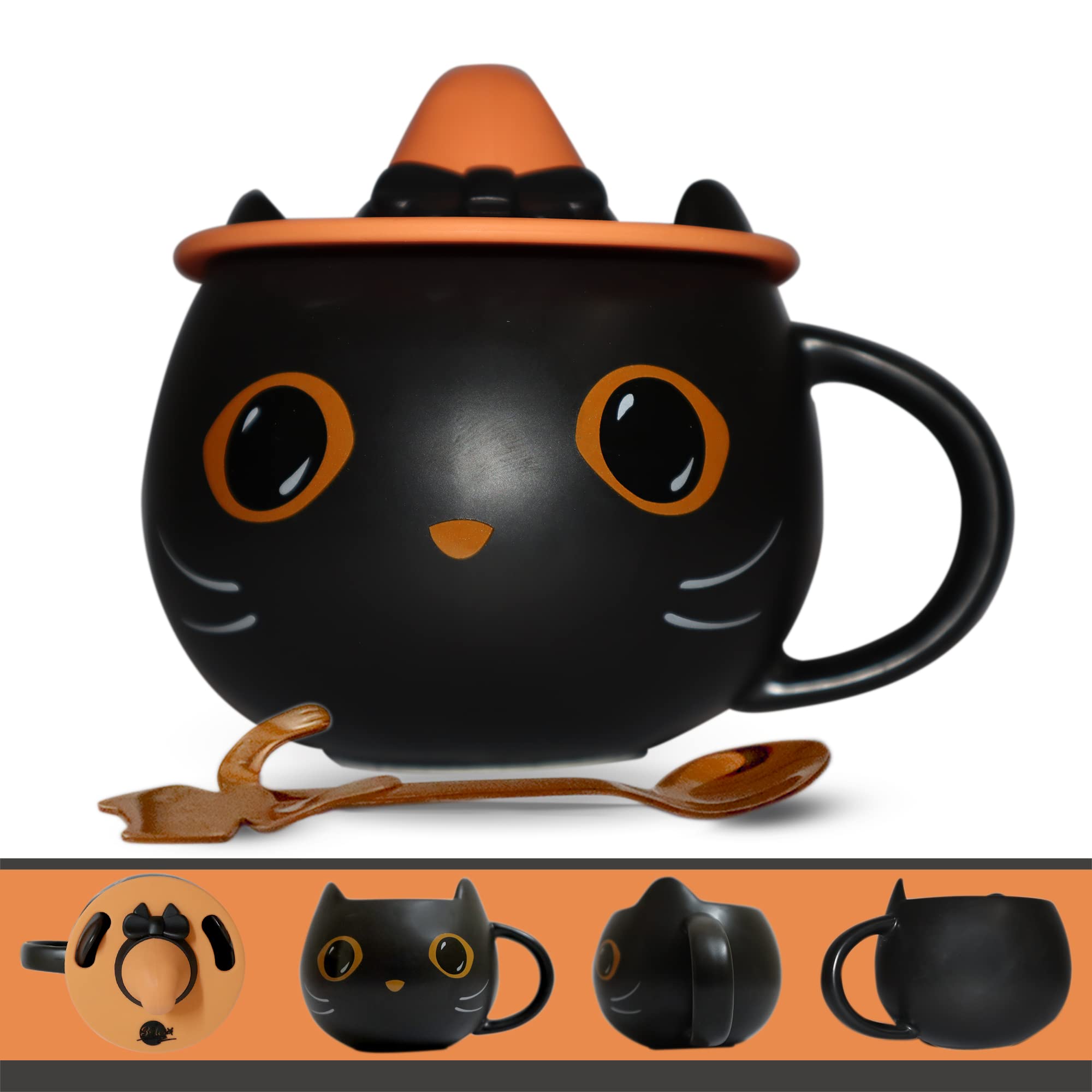 Brewish Cat Mug for Kitty Lovers | Cute Cup with a Witch Hat Lid & an Adorable Spoon | Ceramic Coffee & Tea Mugs | Gift for Cat Mom, Dad, Women, Kids | 12 oz, Black