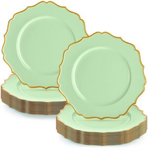 mumufy 24 pack charger plates bulk 13 inch green charger plates gold trim reusable heavy duty large round dinner chargers with scalloped rim for wedding upscale party festival table decoration