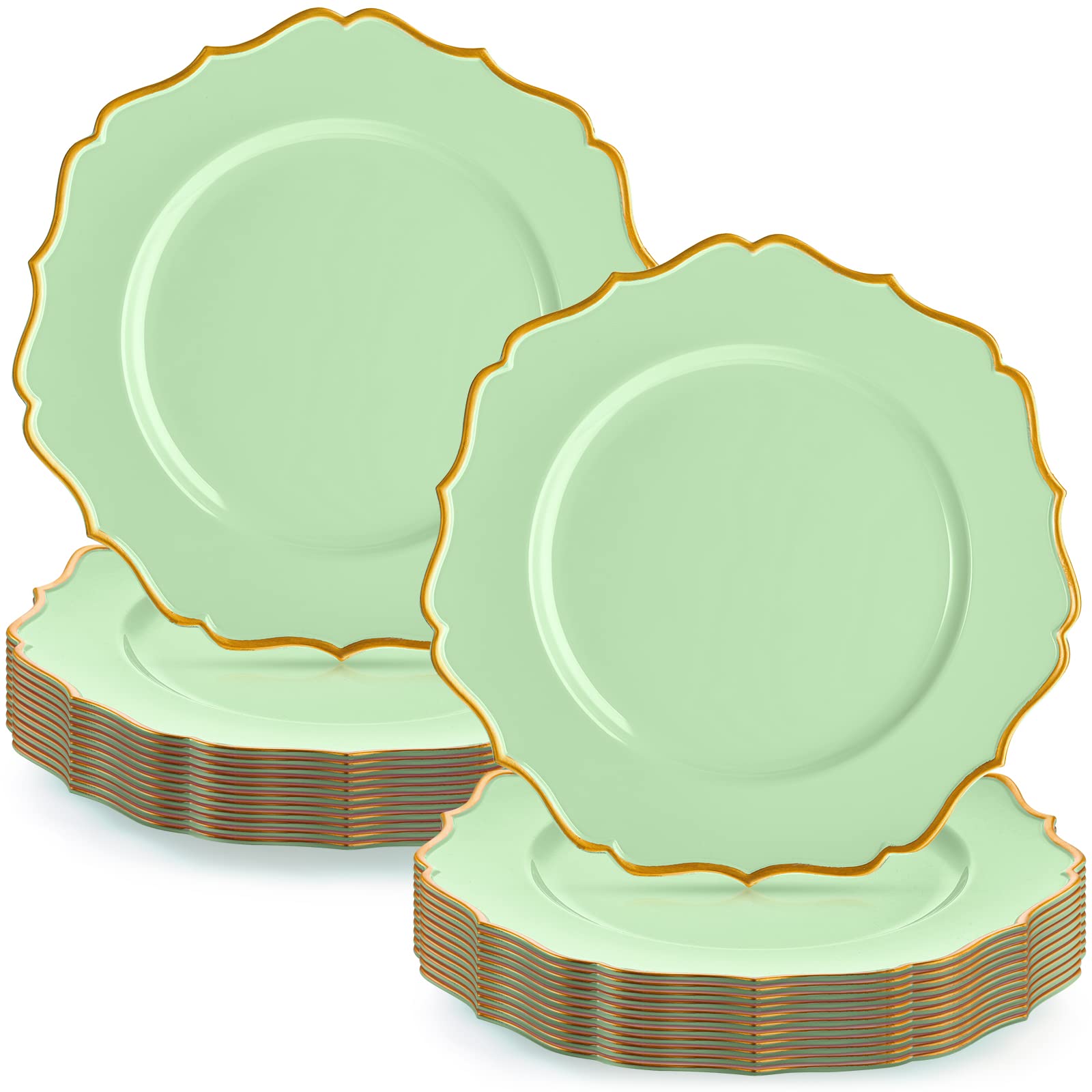 Mumufy 24 Pack Charger Plates Bulk 13 Inch Green Charger Plates Gold Trim Reusable Heavy Duty Large Round Dinner Chargers with Scalloped Rim for Wedding Upscale Party Festival Table Decoration