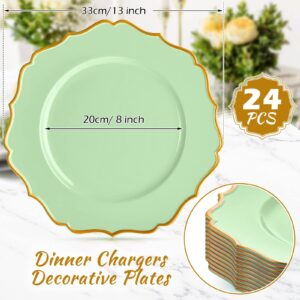 Mumufy 24 Pack Charger Plates Bulk 13 Inch Green Charger Plates Gold Trim Reusable Heavy Duty Large Round Dinner Chargers with Scalloped Rim for Wedding Upscale Party Festival Table Decoration