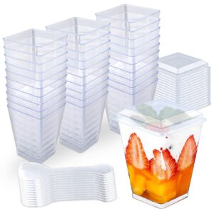 lovlle 5oz dessert parfait cups with lids and spoons, 30 pack square plastic small mini clear appetizer bowls with lids, for party fruit ice cream pudding mousse (5 oz)