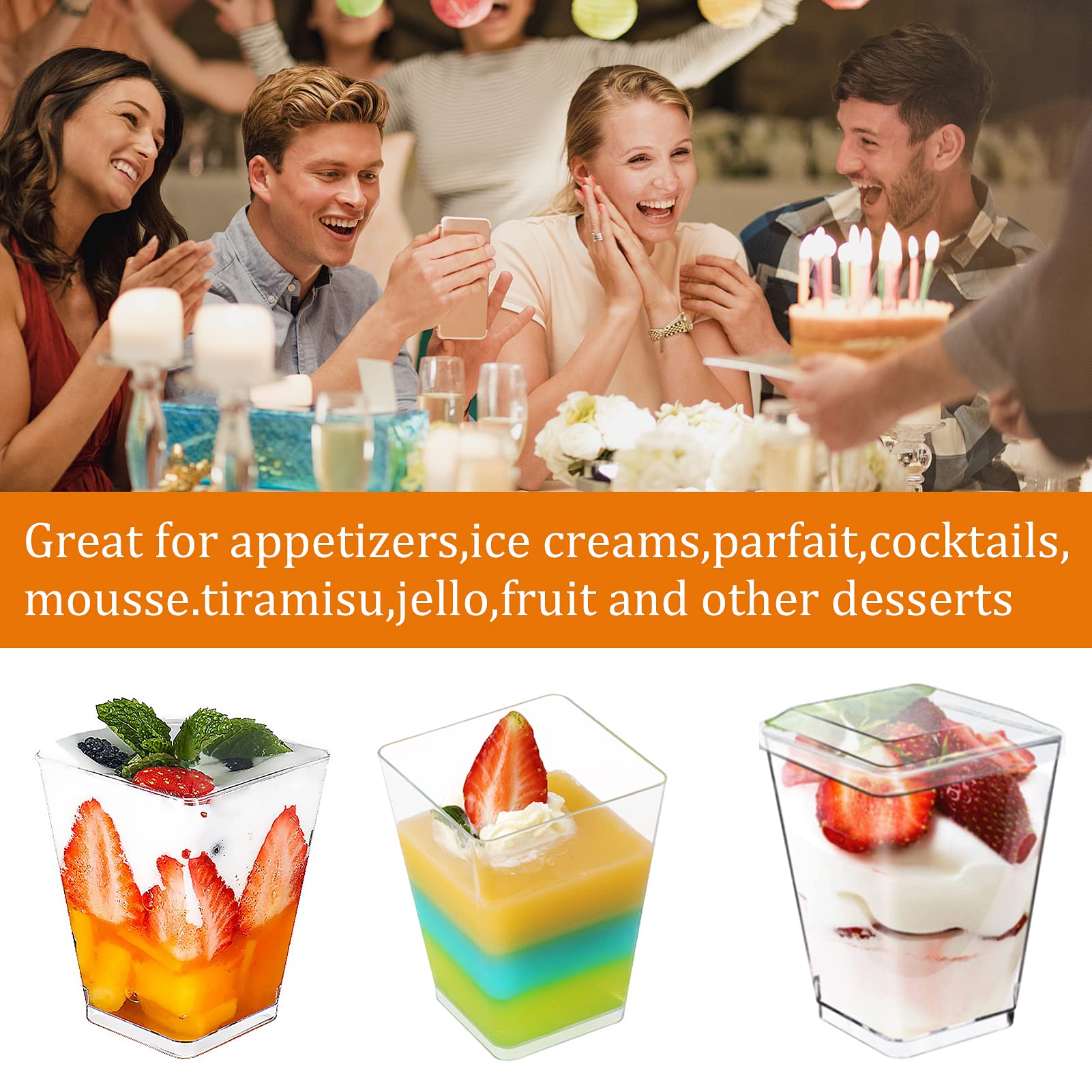 LOVLLE 5oz Dessert Parfait Cups with Lids and Spoons, 30 Pack Square Plastic Small Mini Clear Appetizer Bowls with Lids, for Party Fruit Ice Cream Pudding Mousse (5 oz)