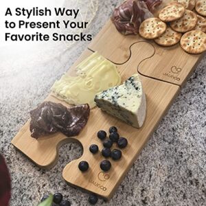 JAUNCO Bamboo Cheese Board Set of 4 | Large Charcuterie Boards | Unique Puzzle Design with Stand | Serving Platters and Trays for Parties | Cheeseboard Charcuterie Board Set | Wine Accessories