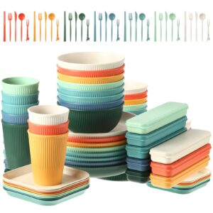 sets of 8 wheat straw dinnerware (64 pcs) microwave safe unbreakable plates bowls cups sets with cutlery utensils colored lightweight plastic dinnerware for kids adults camping picnic dorm rv kitchen