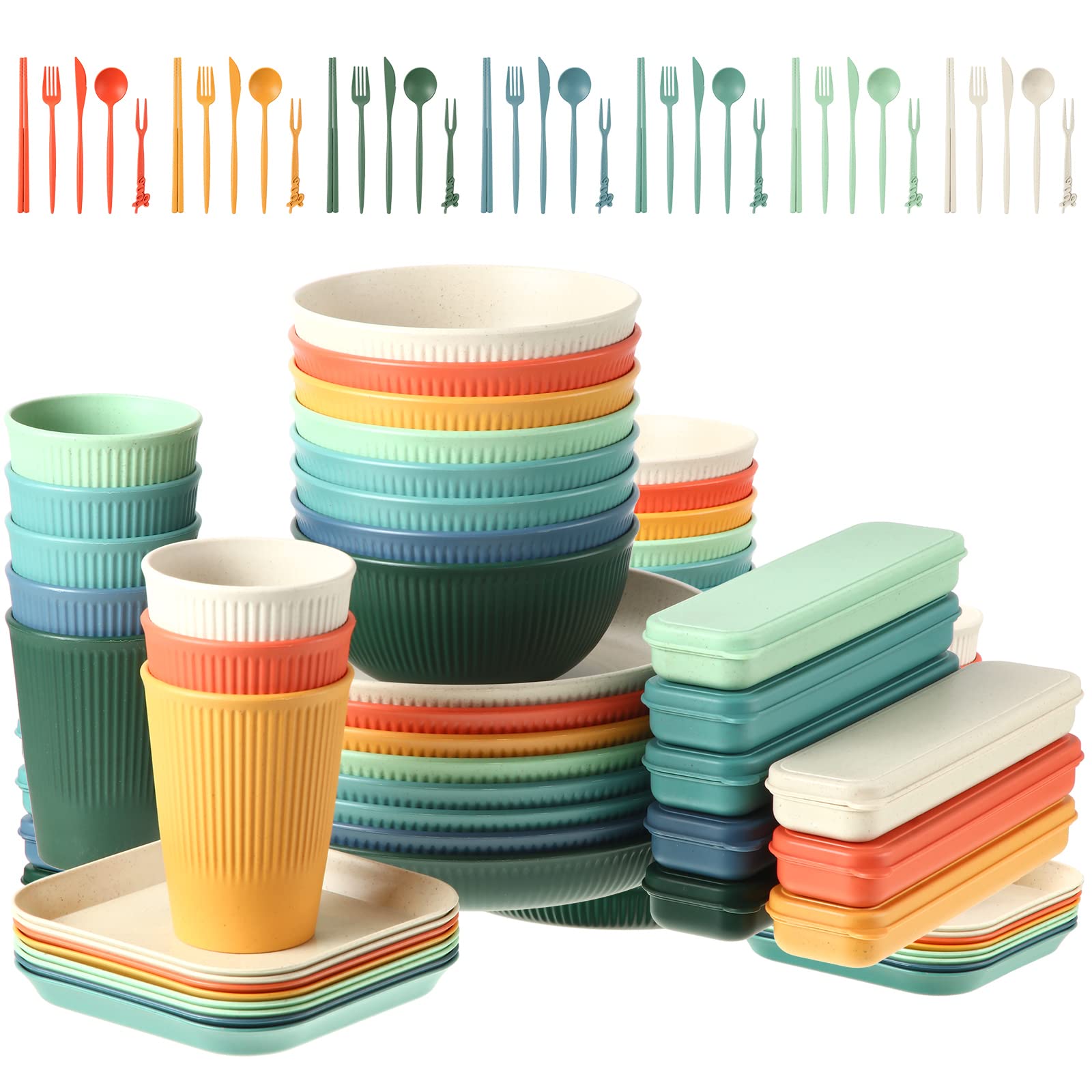 Sets of 8 Wheat Straw Dinnerware (64 Pcs) Microwave Safe Unbreakable Plates Bowls Cups Sets with Cutlery Utensils Colored Lightweight Plastic Dinnerware for Kids Adults Camping Picnic Dorm RV Kitchen