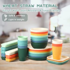 Sets of 8 Wheat Straw Dinnerware (64 Pcs) Microwave Safe Unbreakable Plates Bowls Cups Sets with Cutlery Utensils Colored Lightweight Plastic Dinnerware for Kids Adults Camping Picnic Dorm RV Kitchen