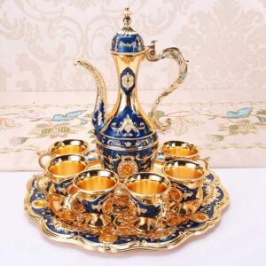 Vintage Turkish Coffee Pot Set, Turkish Teapot with Tray and 6 Tea Glasses, Turkish Coffee Cups Set Metal, Turkish Tea Glasses Set Coffee Pot Moroccan for Home Tea Party