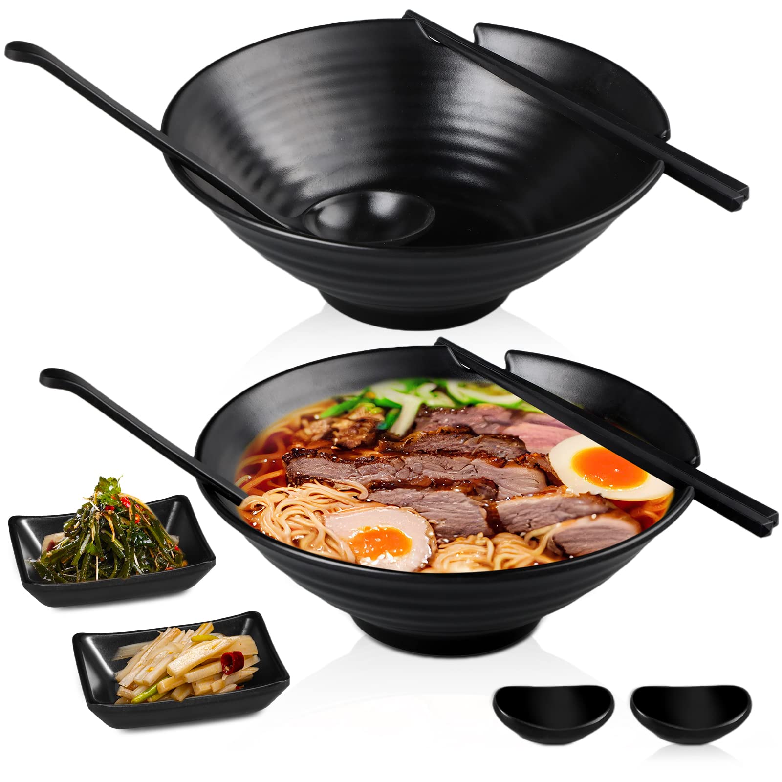 Sunnyray Set of 2 Japanese Ramen Bowl Set 37 oz Melamine Black Large Ramen Noodle Bowl Asian Chinese Korean Miso Soup Bowl with Spoons Chopsticks Saucers and Chopsticks Holders for Pho Udon Thai Soba