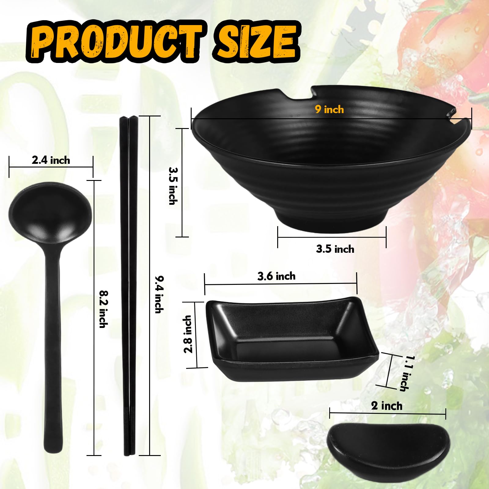 Sunnyray Set of 2 Japanese Ramen Bowl Set 37 oz Melamine Black Large Ramen Noodle Bowl Asian Chinese Korean Miso Soup Bowl with Spoons Chopsticks Saucers and Chopsticks Holders for Pho Udon Thai Soba