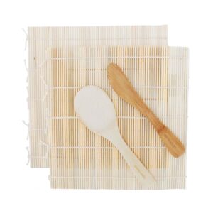 BambooMN Sushi Making Kit, 2x Natural Bamboo Sushi Mat, Paddle, Spreader | 100% Bamboo Sushi Rolling Mat Set