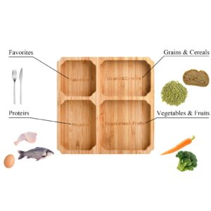 Lawei Bamboo Portion Control Plate, 4 Section Square Dinner Plate Divided Plate, Healthy Diet Ratio Control Platters, Healthy Nutrition Plate for Balanced Eating, Wood Serving Tray