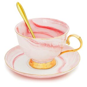 3-piece pink marble tea cup and saucer gift set for 1, 7 oz teacup with gold spoon