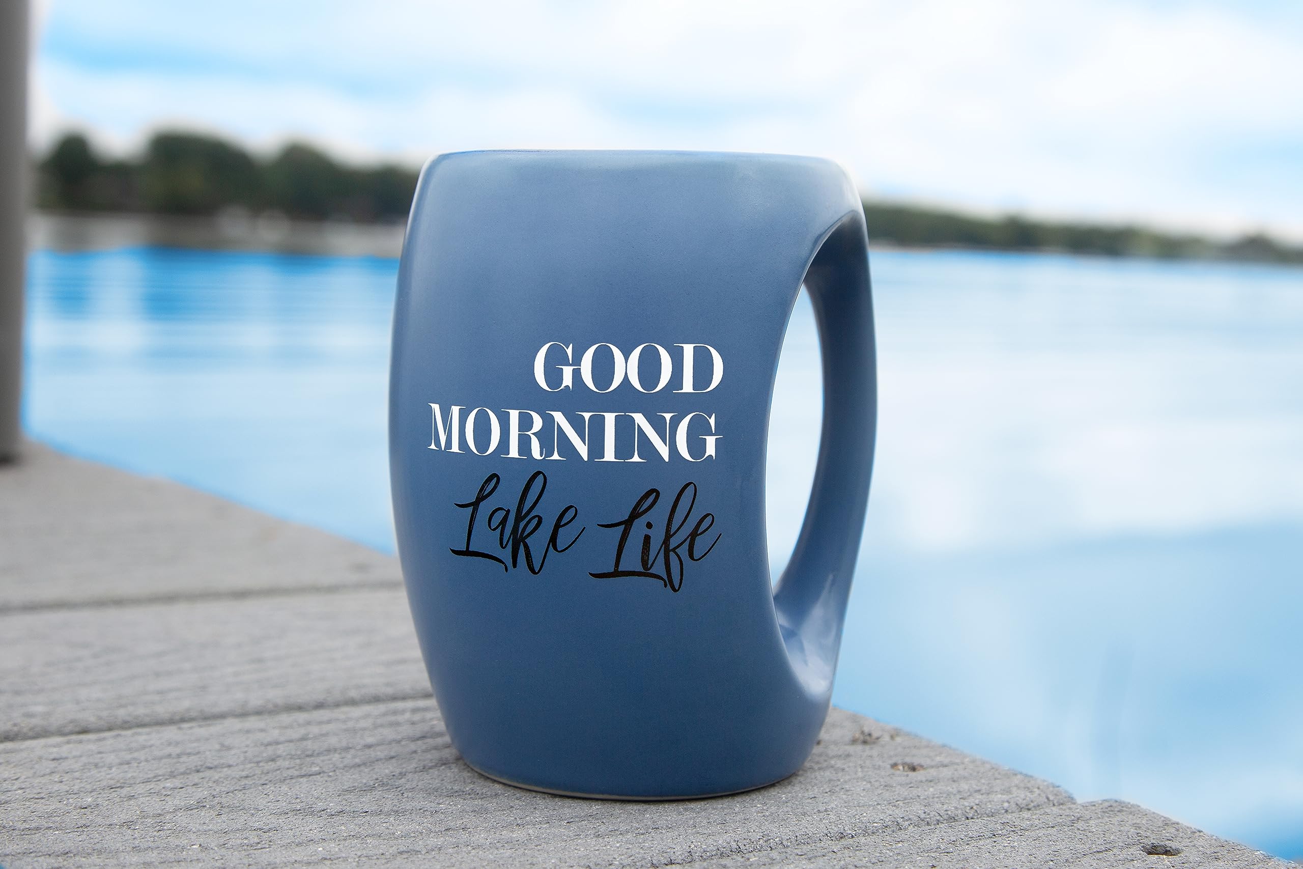 Pavilion Gift Company - 10519 Pavilion Gift Company Blue Huggable Hand Warming 16 oz Coffee Cup Mug Good Morning Lake Life