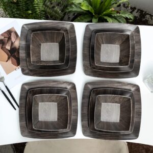 Melamine 12pcs Classic Square Dinnerware Set, Concise Plates and Bowls Set, Service for 4, Dishwasher Safe (Dark-Wood)