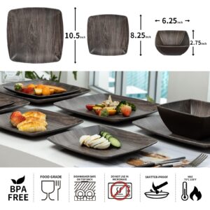 Melamine 12pcs Classic Square Dinnerware Set, Concise Plates and Bowls Set, Service for 4, Dishwasher Safe (Dark-Wood)